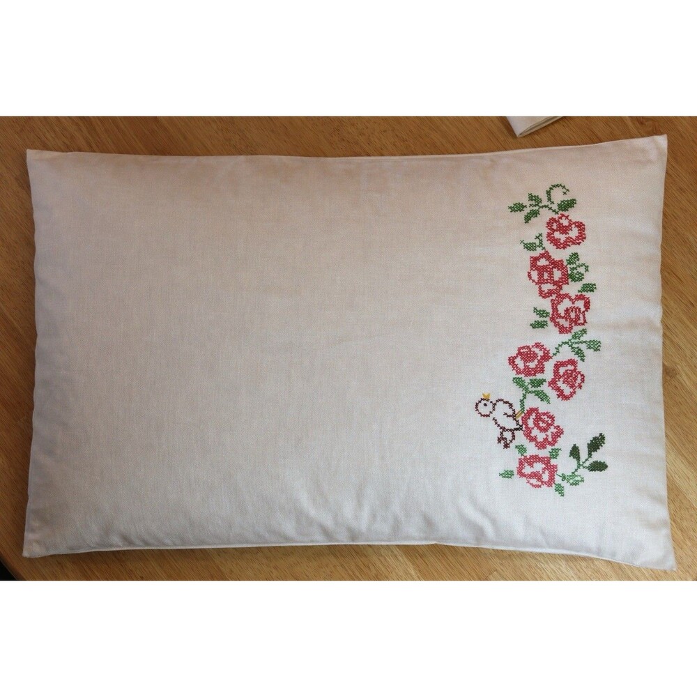 Vintage Cannon Muslin Pillowcases Pair Rose Bird Applique USA Cotton Set 2
